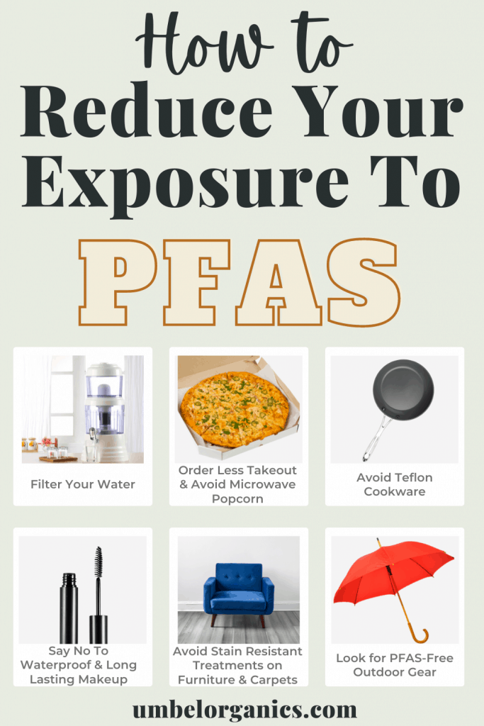 6 ways to reduce your exposure to PFAS: water filter, pizza in takeout box, Teflon cookware, mascara wand, blue chair, red umbrella