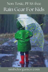 Boy with umbrella and rain boots in puddle