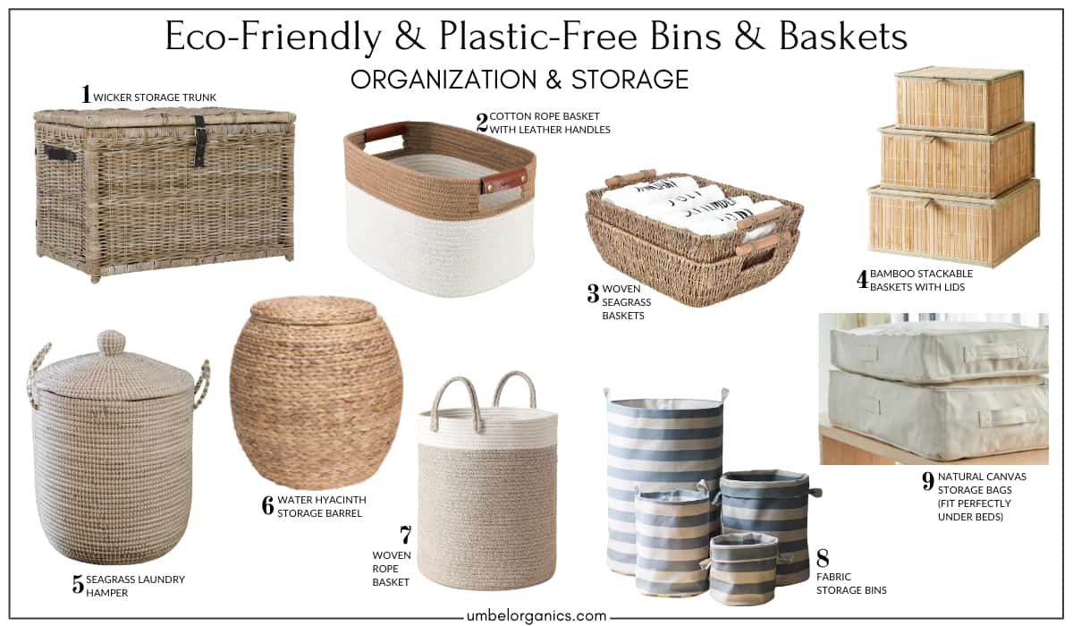 rattan and cloth storage baskets and bins
