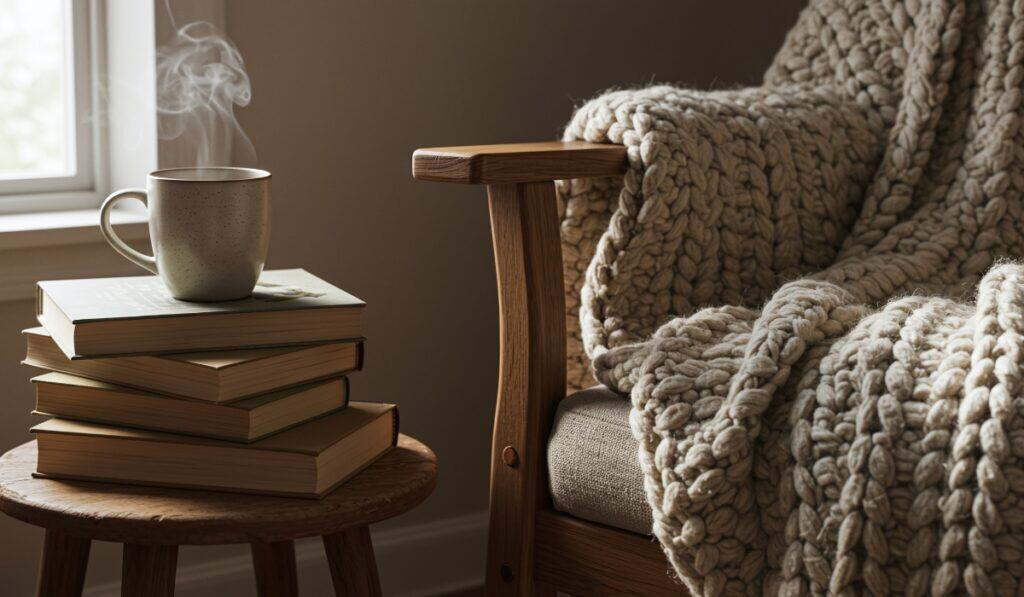 mug of tea, stack of books and blanket on chair